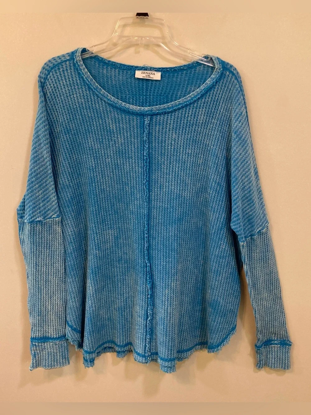 Zenana Mineral Washed Waffle Knit Thermal Top Sz XL Womens Blue Cotton Raw Edge